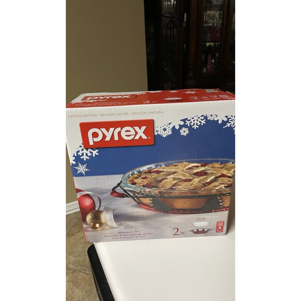 Pyrex Limited Edition Holiday Pie Plate & Metal Server Set 2 Pc NIB Christmas